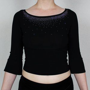 Black 3/4 length sleeve stud neckline stretch top